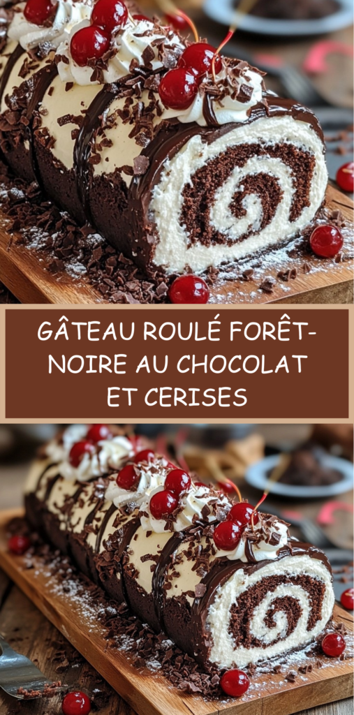 Gâteau roulé Forêt-Noire au cacao garni de chantilly et cerises, décoré de copeaux de chocolat et cerises entières sur le dessus