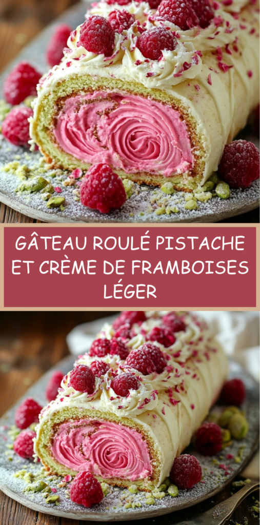 Gâteau roulé à la pistache garni de crème de framboises, décoré de pistaches concassées et framboises fraîches, montrant une spirale rose et verte