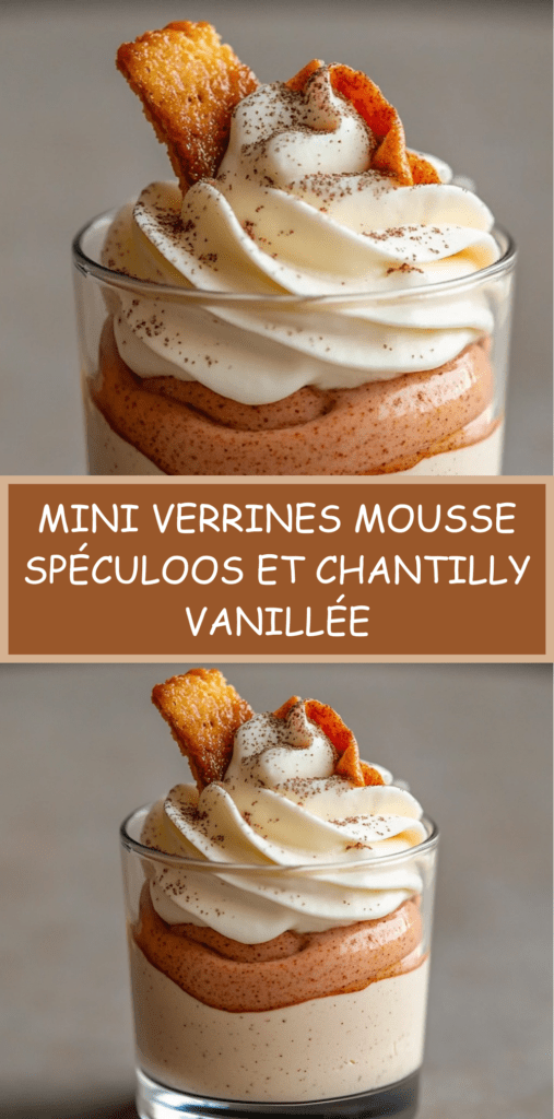 Mini verrines garnies de mousse aux spéculoos et chantilly vanillée, décorées de biscuits spéculoos et d’un léger voile de cacao