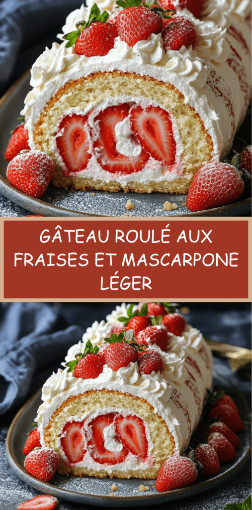 Gâteau roulé aux fraises garni de crème mascarpone, tranché pour montrer la spirale blanche et rose, décoré de fraises fraîches sur le dessus