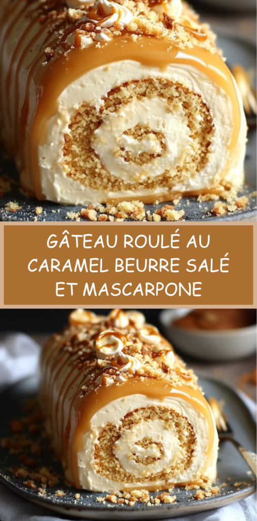 Gâteau roulé garni de crème au caramel beurre salé et mascarpone, nappé de caramel et décoré de noisettes concassées