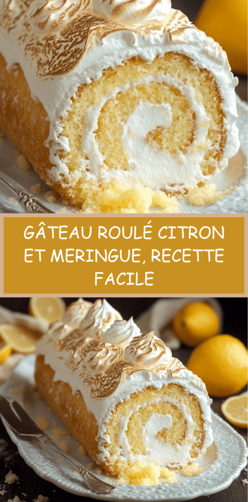 Gâteau roulé au citron garni de lemon curd et recouvert de meringue dorée au chalumeau, présenté en tranches sur une assiette