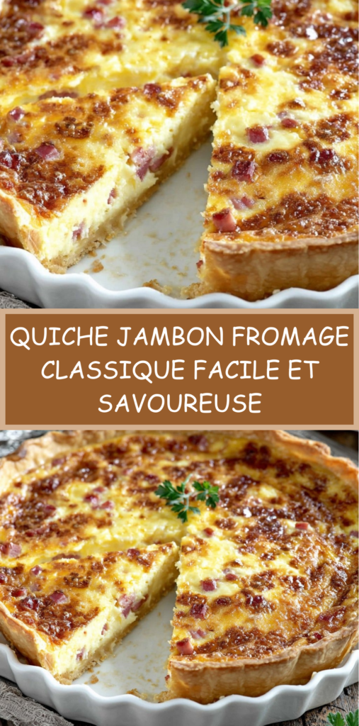Part de quiche jambon fromage dorée et gratinée, servie dans un moule à tarte avec une garniture crémeuse au jambon et fromage
