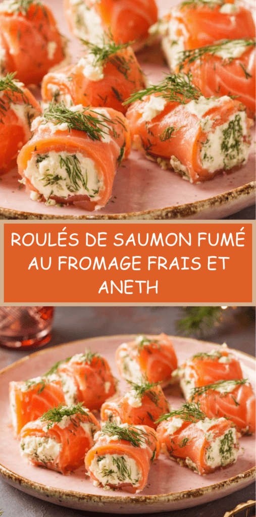 Roulés de saumon fumé garnis de fromage frais et d’aneth, découpés en bouchées et disposés sur un plat de service