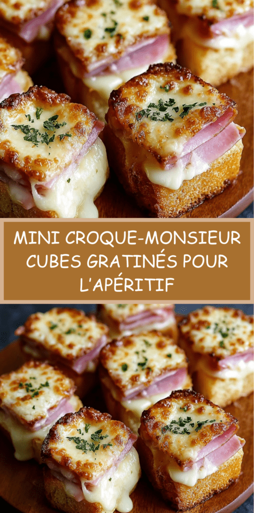 Plateau de mini croque-monsieur en cubes gratinés avec fromage doré