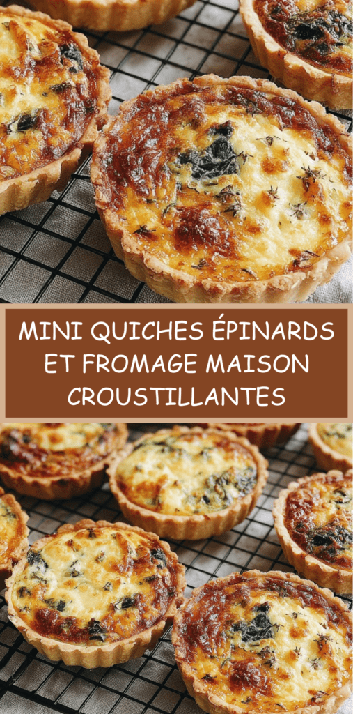 Mini quiches dorées aux épinards et fromage cuites au four, disposées sur une assiette, avec pâte croustillante et garniture crémeuse aux herbes
