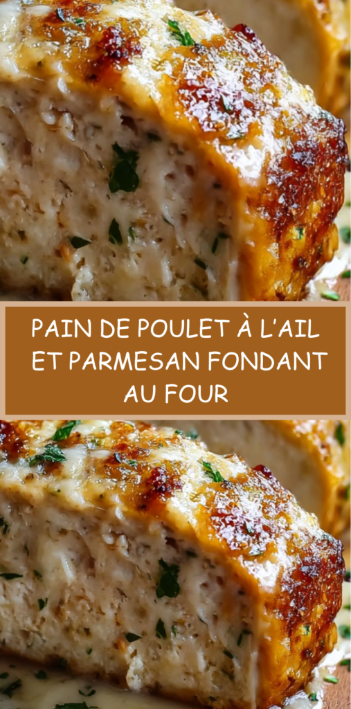 Pain de poulet à l’ail et au parmesan doré au four, tranché dans un plat, avec intérieur tendre et juteux, servi avec herbes fraîches
