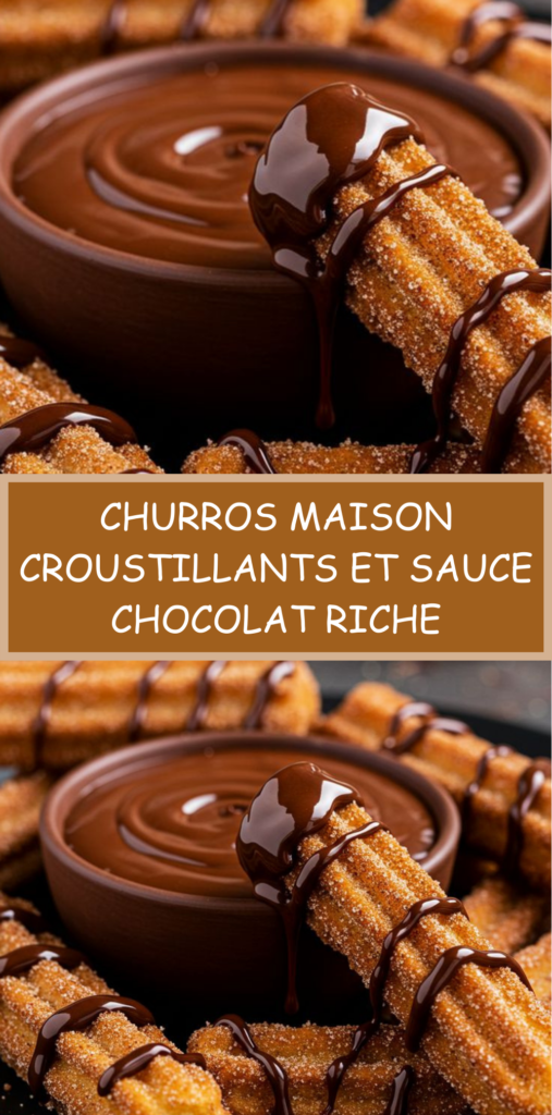 Churros maison dorés et croustillants roulés dans le sucre et la cannelle, servis avec une tasse de sauce chocolat chaude et brillante