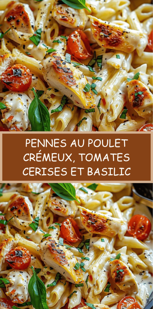 Assiette de pennes au poulet nappées de sauce crémeuse au parmesan, tomates cerises et basilic frais, servie bien chaude