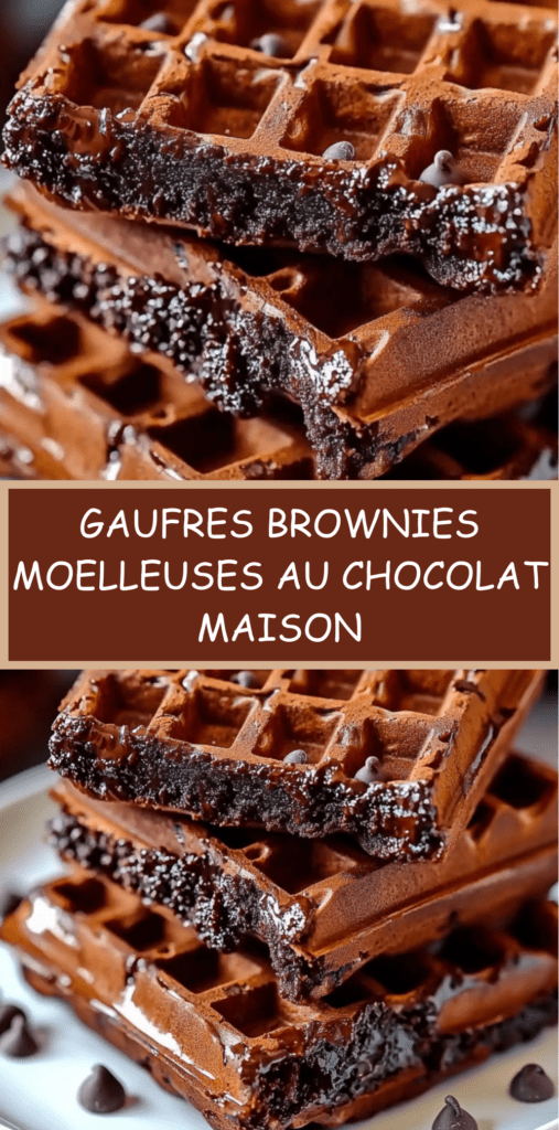 Gaufres brownies épaisses et chocolatées servies chaudes, nappées de sauce au chocolat brillante et garnies de pépites de chocolat