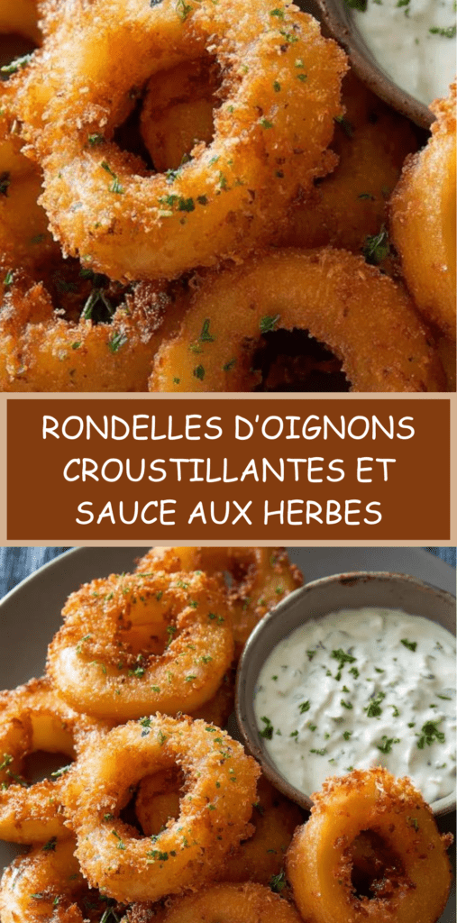 Rondelles d’oignons dorées et croustillantes servies chaudes avec une sauce crémeuse aux herbes dans un petit bol