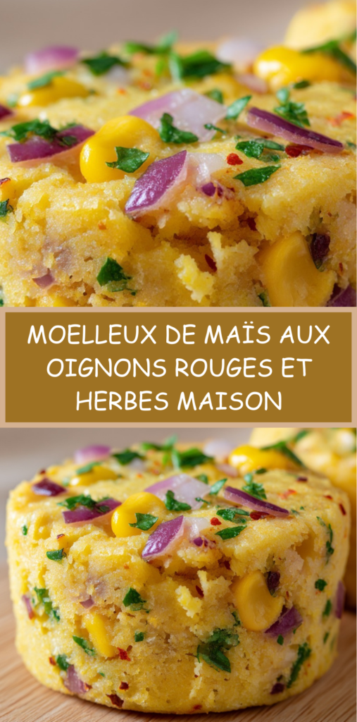 Moelleux de maïs avec oignons rouges et herbes, dorés au four et servis tièdes dans de petits moules