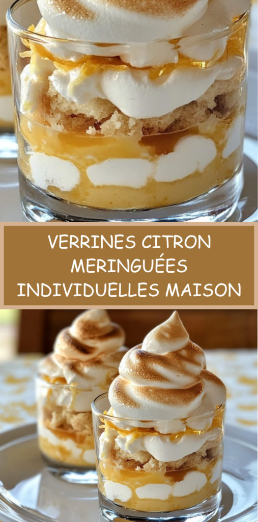 Verrines citron individuelles remplies de crème citron onctueuse, biscuits émiettés et meringue dorée au chalumeau, présentées sur une table