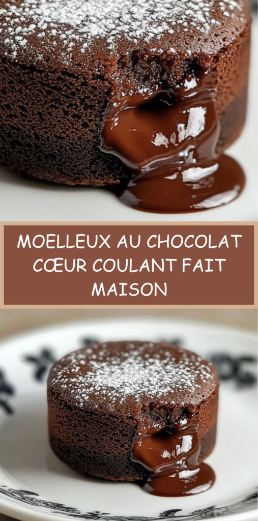 Moelleux au chocolat individuel coupé en deux laissant apparaître un cœur coulant fondant, servi sur assiette avec sucre glace