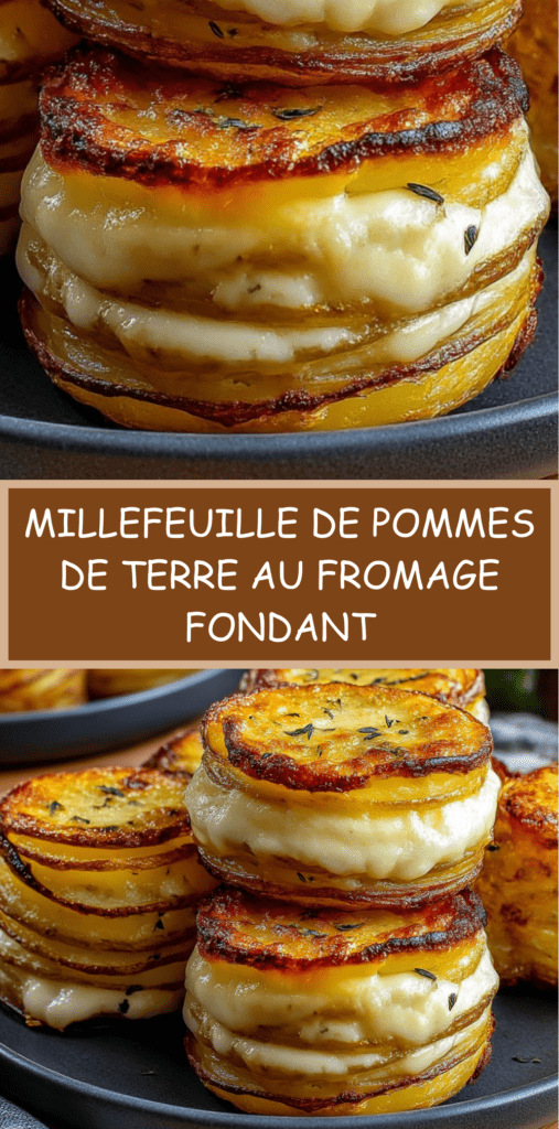 Millefeuille de pommes de terre doré et croustillant avec fromage fondant entre les couches, servi en portion individuelle sur une assiette