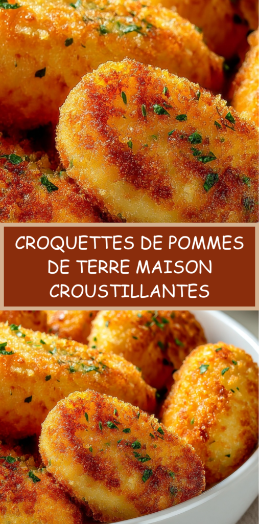 Croquettes de pommes de terre dorées et croustillantes, posées sur une assiette avec une texture fondante à l’intérieur et une panure régulière