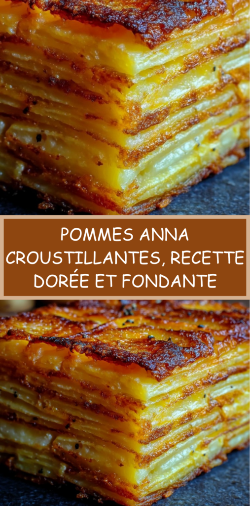 Plat de Pommes Anna croustillantes découpées en parts nettes, montrant de fines couches régulières de pommes de terre dorées et beurrées