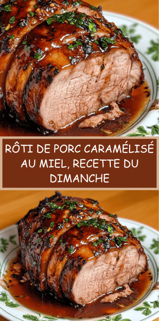 Rôti de porc caramélisé au miel et sauce soja, tranché et nappé de jus brillant, accompagné d’oignons fondants et d’herbes fraîches dans un plat de service