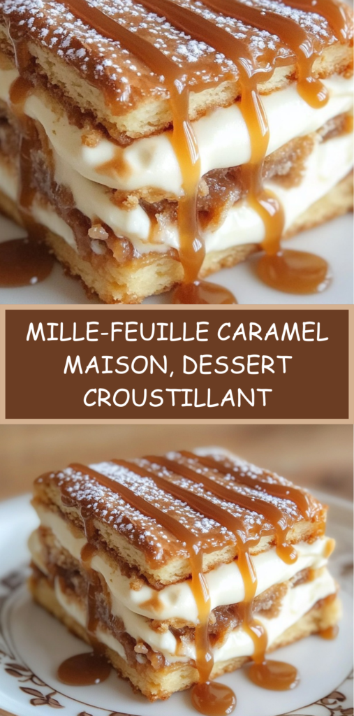 Mille-feuille au caramel composé de couches de pâte feuilletée dorée et de crème caramel, nappé de caramel au beurre salé et saupoudré de sucre glace
