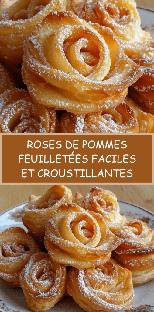Roses de pommes feuilletées dorées disposées dans des moules, avec fines lamelles de pommes caramélisées et pâte croustillante saupoudrée de sucre glace