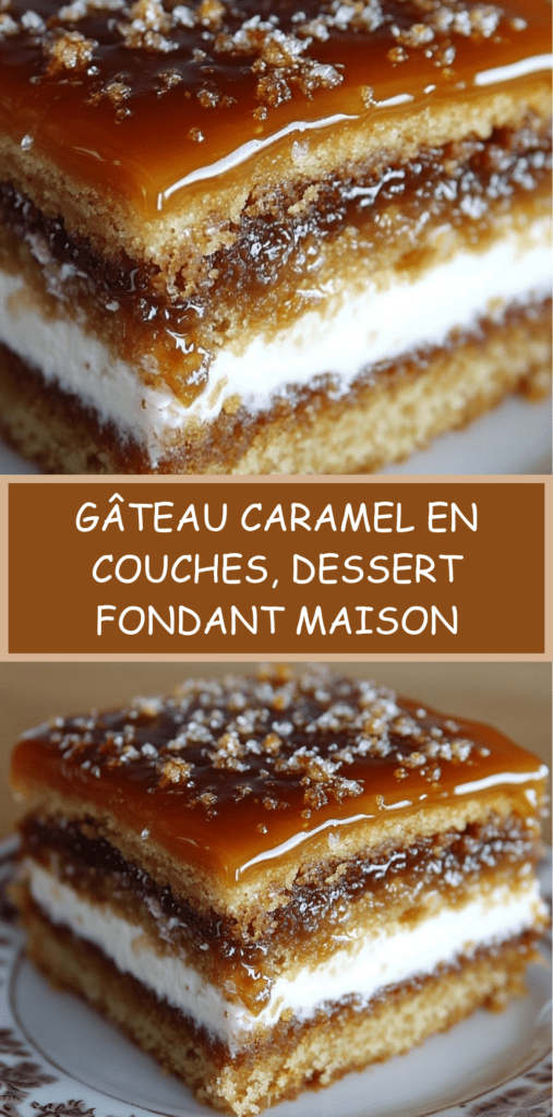 Gâteau caramel en couches avec base moelleuse, crème blanche au fromage frais et nappage caramel brillant sur le dessus, présenté en parts