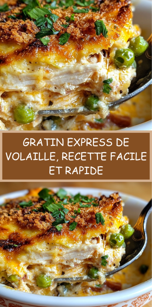 Plat de gratin express de volaille doré au four avec pommes de terre, petits pois, fromage râpé et chapelure croustillante, servi chaud dans un plat à gratin