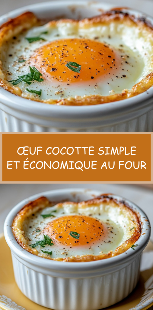 Œuf cocotte cuit au four dans un ramequin, avec blanc pris et jaune encore coulant, garni de fines herbes et servi chaud