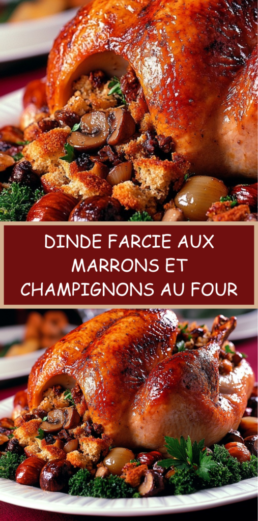 Dinde farcie entière rôtie au four, farcie aux marrons et champignons, dorée et juteuse, servie dans un plat avec oignons grelots