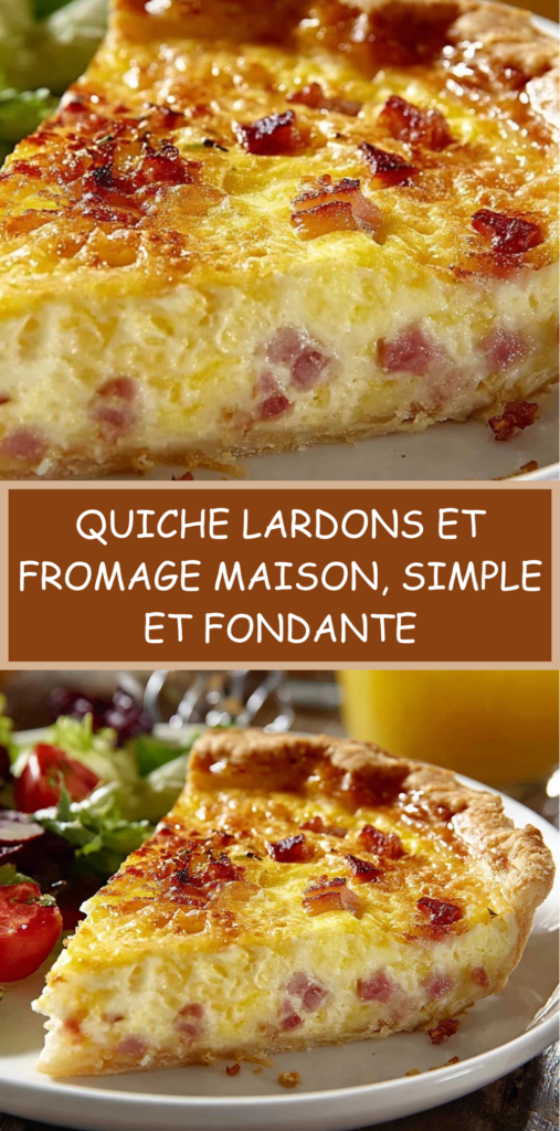 Quiche lardons et fromage dorée au four, découpée en parts égales, avec pâte croustillante et garniture crémeuse sur une assiette