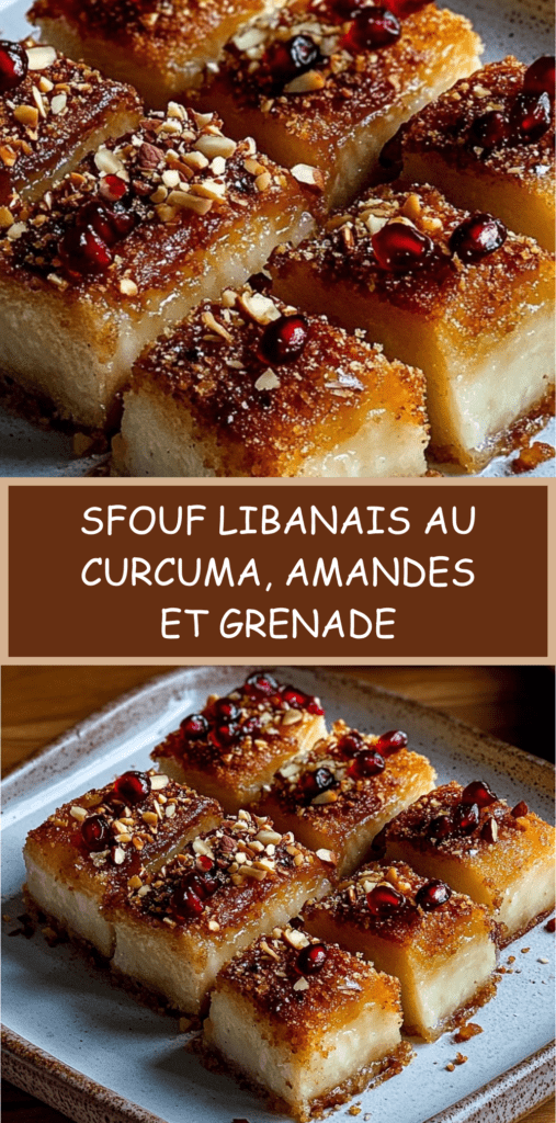 Gâteau sfouf libanais doré à la semoule et au curcuma, décoré d’amandes concassées et de graines de grenade rouges sur le dessus