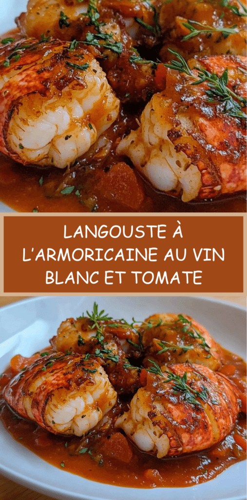 Assiette de langouste à l’armoricaine nappée de sauce tomate au vin blanc et herbes fraîches, servie avec du riz