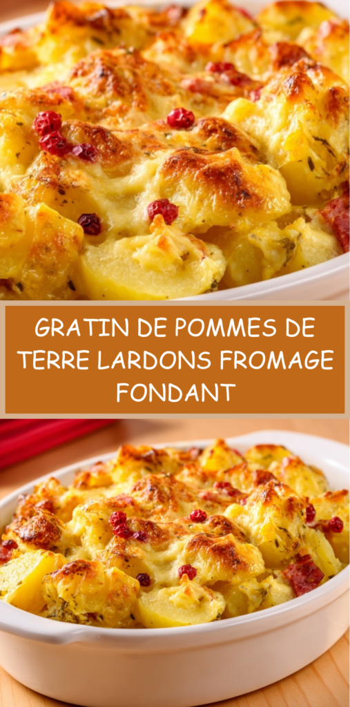 Gratin de pommes de terre doré au four avec lardons, fromage fondant et baies roses sur le dessus dans un plat à gratin