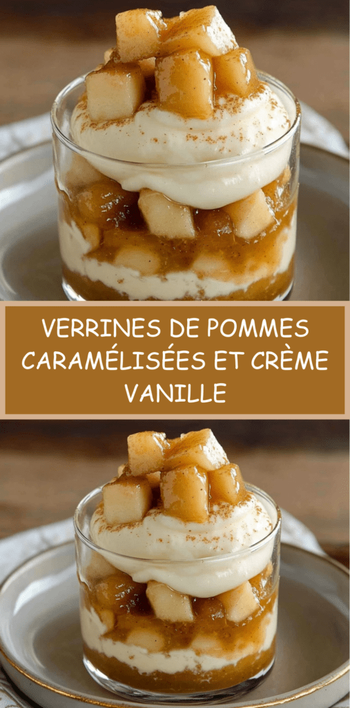 Verrines transparentes garnies de pommes caramélisées et de crème vanille onctueuse, décorées de cannelle sur le dessus