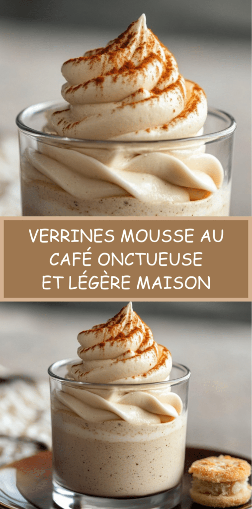 Verrine mousse transparente remplie de mousse au café onctueuse pochée à la douille, décorée de cacao en poudre avec biscuit émietté au fond