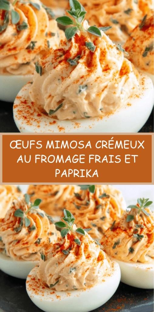 Demi-œufs mimosa garnis d’une farce crémeuse au fromage frais et saupoudrés de paprika, joliment présentés sur une assiette avec des herbes fraîches