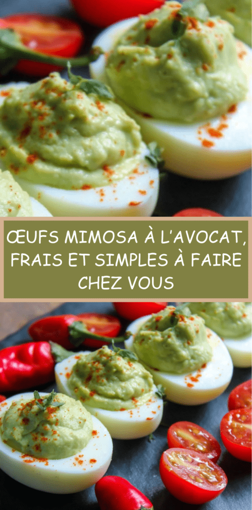 Demi-œufs mimosa garnis d’une crème verte à l’avocat, décorés de tomates cerises, herbes fraîches et paprika, joliment présentés sur un plat de service