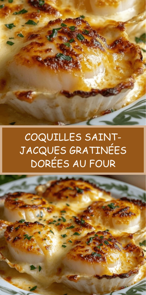 Coquilles Saint-Jacques gratinées au four avec fromage doré, noix de Saint-Jacques fondantes et persil frais, servies en coquilles individuelles