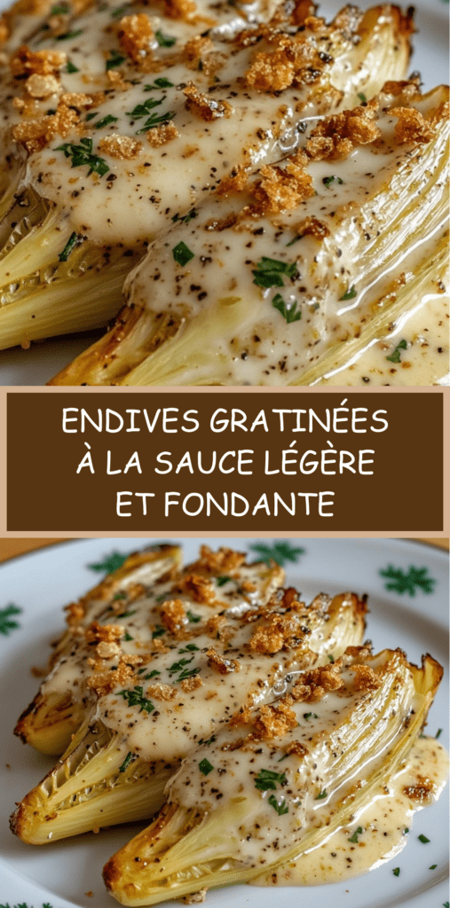 Plat d’endives gratinées nappées de sauce légère, dorées au four avec fromage râpé et chapelure, décorées de persil frais ciselé