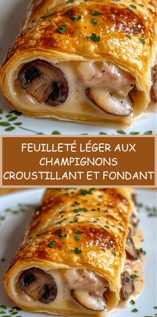 Feuilleté léger doré et croustillant garni de champignons à la crème, coupé en tranches et servi chaud avec du persil frais
