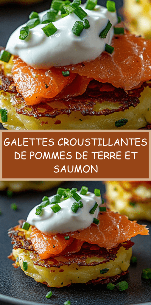Galettes de pommes de terre dorées et croustillantes, surmontées de saumon fumé et nappées de crème à la ciboulette, servies chaudes dans une assiette