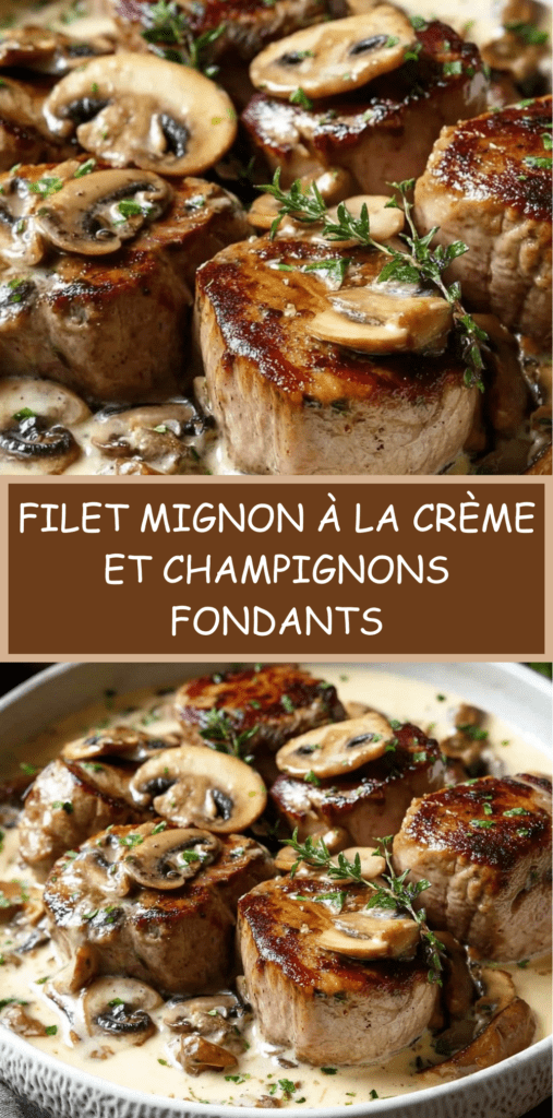 Médaillons de filet mignon nappés de sauce crémeuse aux champignons et herbes fraîches, servis chauds dans une assiette