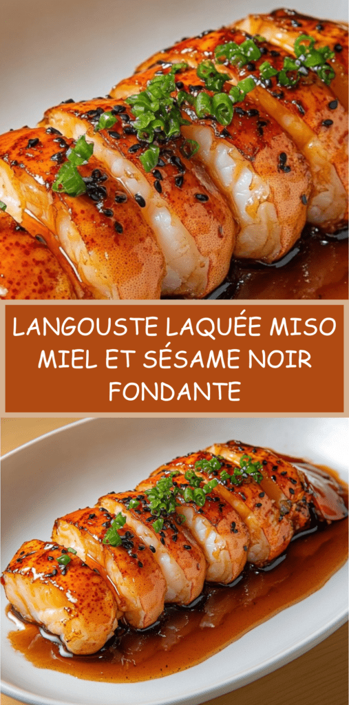 Queues de langouste laquées au miso et miel, nappées d’un glaçage brillant et garnies de sésame noir et ciboule fraîche, servies dans une assiette élégante
