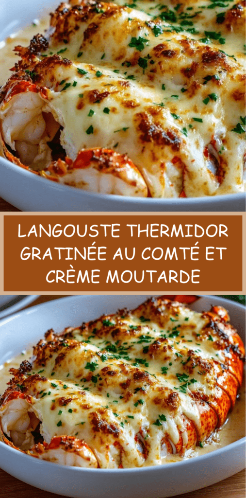 Langouste garnies d’une crème moutardée onctueuse et gratinées au comté, dorées au four et servies avec persil frais ciselé