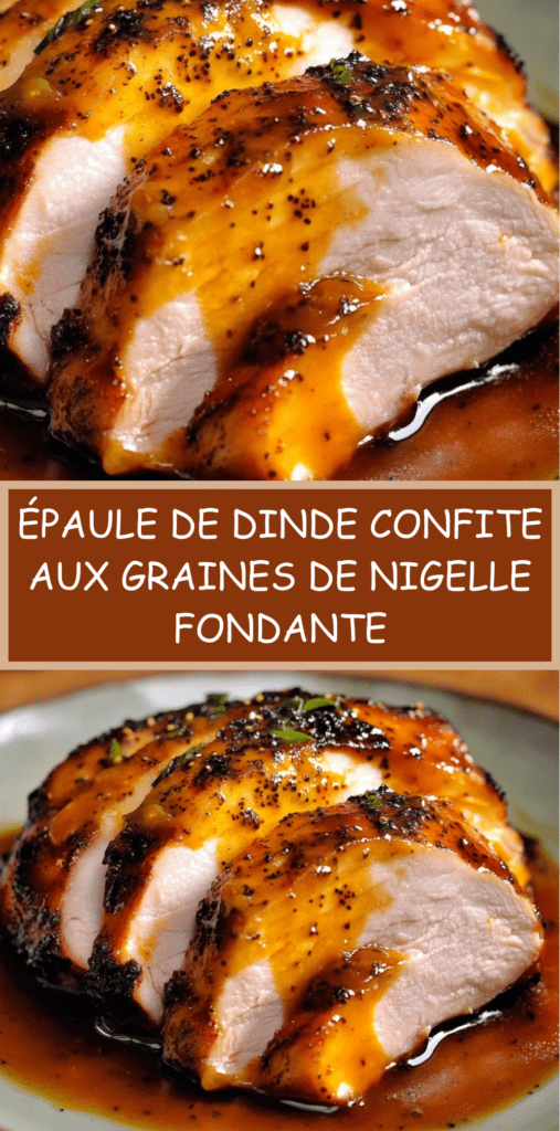 Épaule de dinde confite aux graines de nigelle, nappée de jus caramélisé avec oignons fondants, servie dans une cocotte en fonte