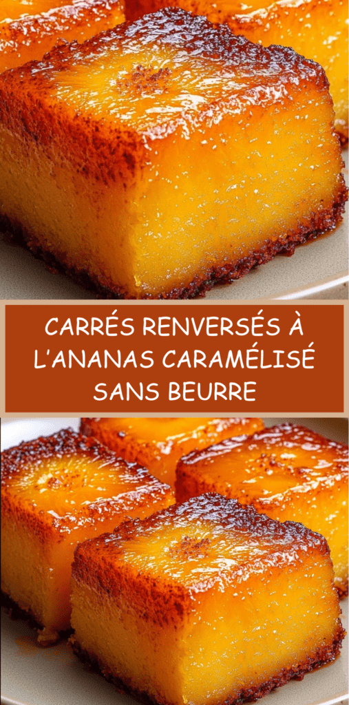Carrés renversés à l’ananas caramélisé découpé en carrés brillants, avec des tranches d’ananas dorées sur le dessus et un intérieur moelleux