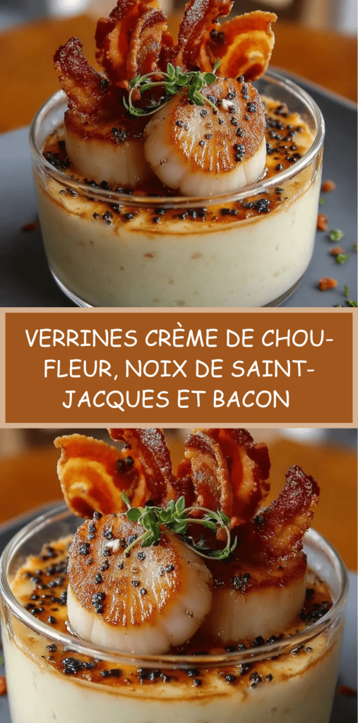 Verrine de crème de chou-fleur aux noix de Saint-Jacques et bacon croustillant.