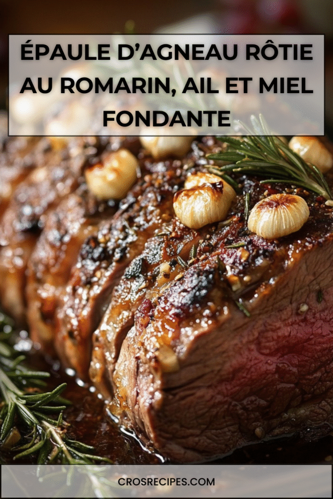 Épaule d’agneau rôtie lentement au romarin avec glaçage au miel, servie dans un plat rustique avec jus de cuisson.