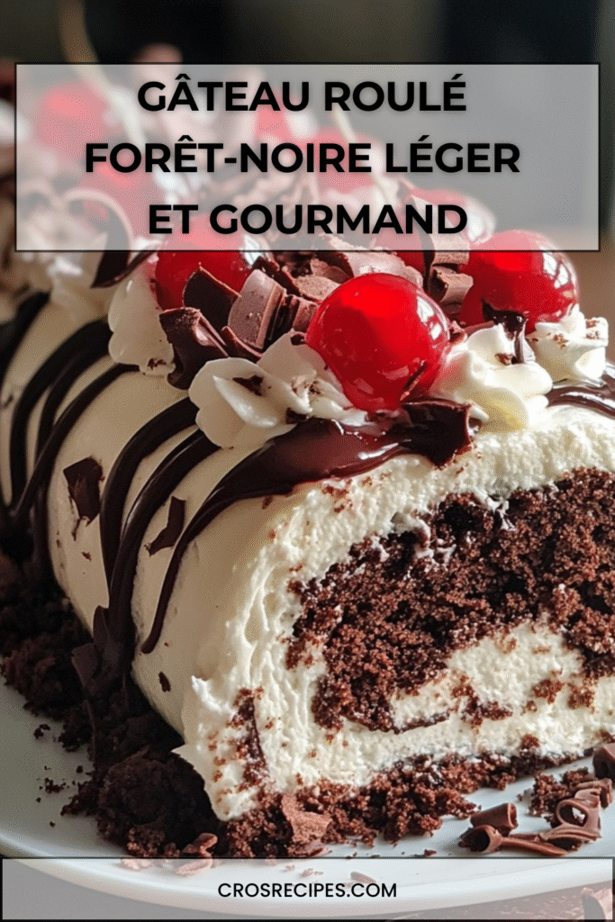 Gâteau roulé Forêt-Noire garni de chantilly et cerises, décoré de copeaux de chocolat et de cerises entières.