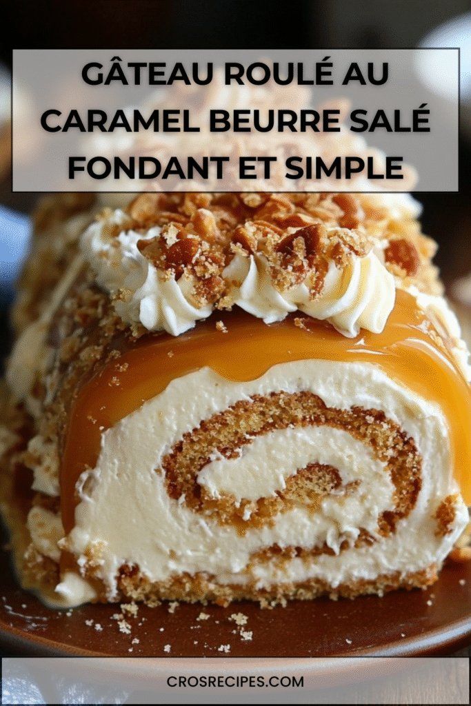 Gâteau roulé garni de crème au caramel beurre salé, décoré de caramel coulant et de noisettes concassées.