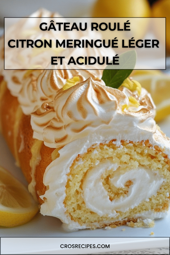 Gâteau roulé citron garni de lemon curd et recouvert de meringue dorée au chalumeau.